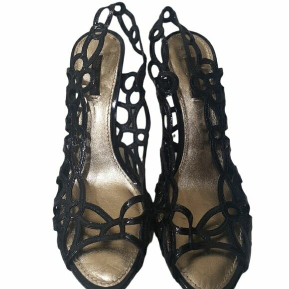 Louis Vuitton Black Patent Laser Cut Leather Peep Toe Slingback Sandals Size 40